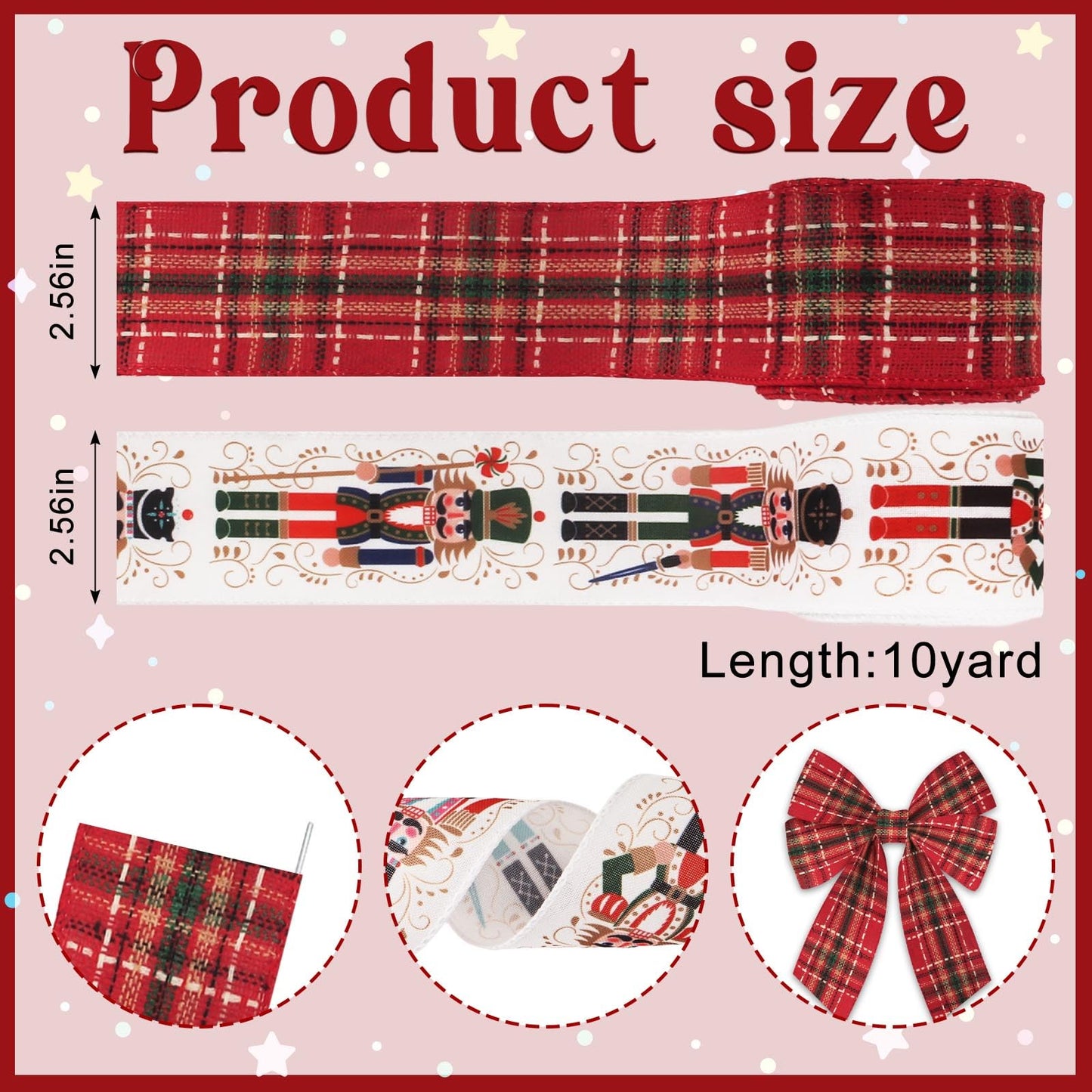 2 Rolls Christmas Ribbons for Crafting, 2.5" ×10 Yards Xmas Wired Edge Ribbon Christmas Cartoon Characters Craft Ribbons Red Wired Ribbon for Crafting Christmas Party Decorations Supplies