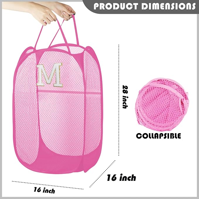 Collapsible Pop Up Laundry Hamper, Extra Large with Removable Initial Letter M, Mesh Foldable Laundry Basket, 28" x 16" x 16" (Pink)