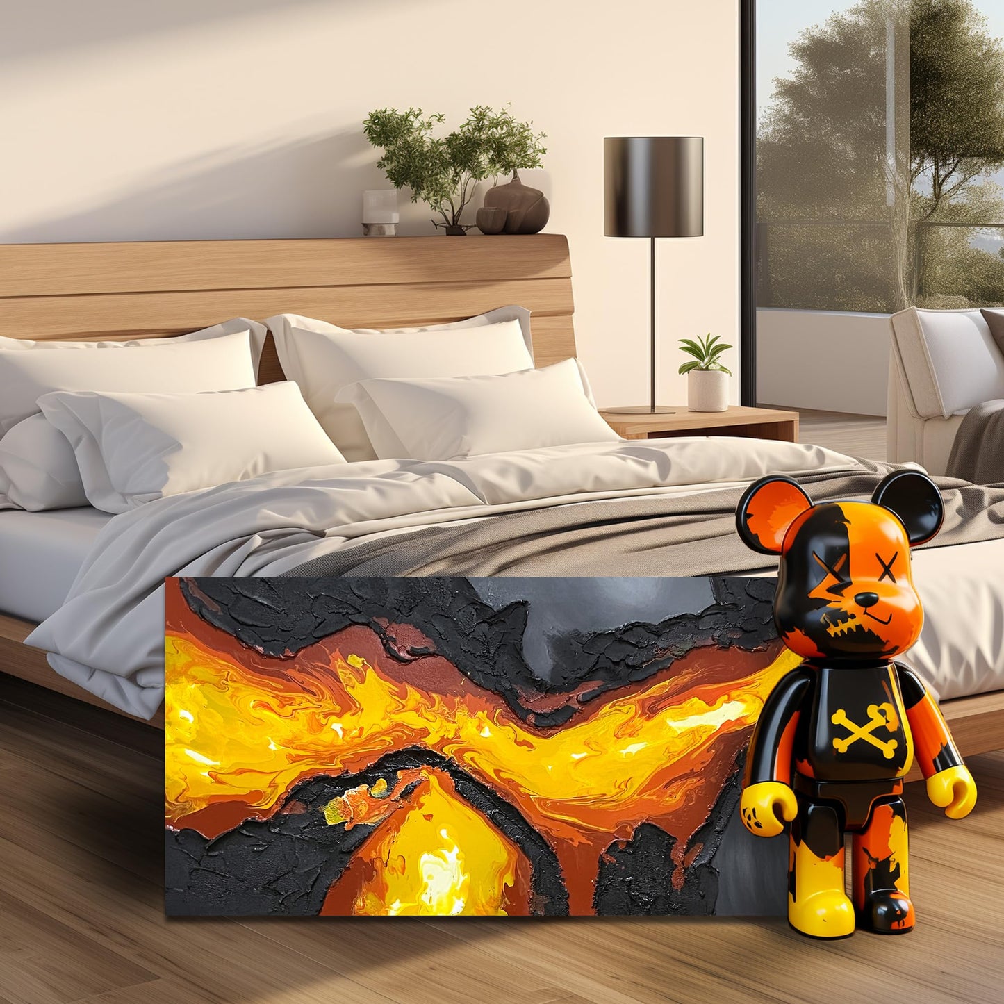 GUGIKA Abstract Wall Art for Living Room, Hand Painted 3D Textured Magma Paintings, Black and Gold Yellow Volcanic Lava Canvas Wall-Decor for Bedroom, Size 40 x 20 Inches