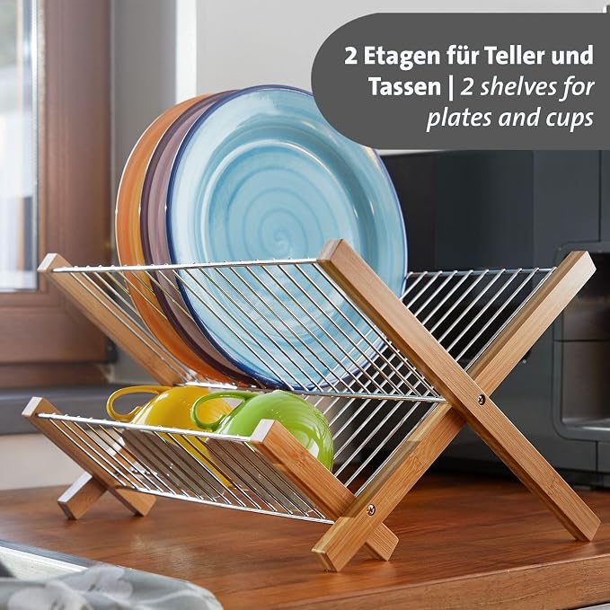 Westmark Tilo Dish Drainer - Foldable Dish Rack for Drying Tableware, Cutlery and Glasses, Dish Drainer for Sink - Bamboo, Stainless Steel