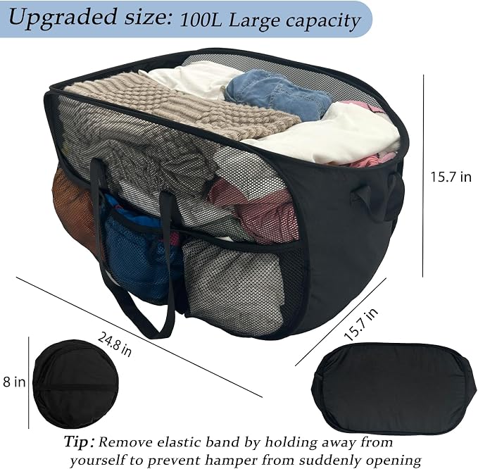 Upgraded Cationic XL Collapsible Laundry Baskets, 100L Extra Large Mesh Pop Up Hamper with Handles and bag, Portable Stair Basket, Dirty Clothes Hamper for Cruise Travel Bedroom. Black