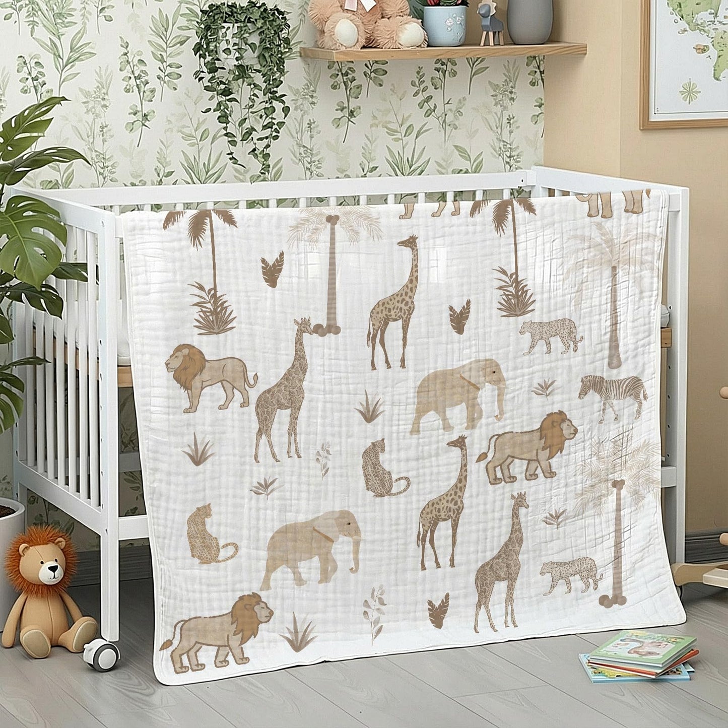 SmoothNovelty Safari Animal Muslin Blanket 47 x 47 Inch Warm Soft Cotton Muslin Swaddle Blanket Nursery Swaddling Wrap Quilt for Bedding Gift, Cold Weather, Jungle Theme Nursery Decor