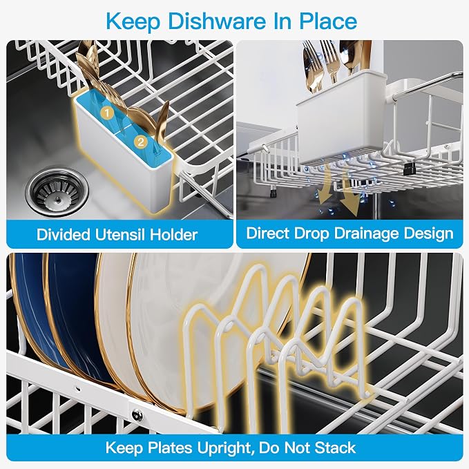 JASIWAY White Expandable Stainless Steel Dish Drying Rack Over The Sink for Small Kitchen, Counter Space Saving Compact Plate Drainer Strainer, Adjustable Hanging Metal Dish Dryer with Utensil Holder