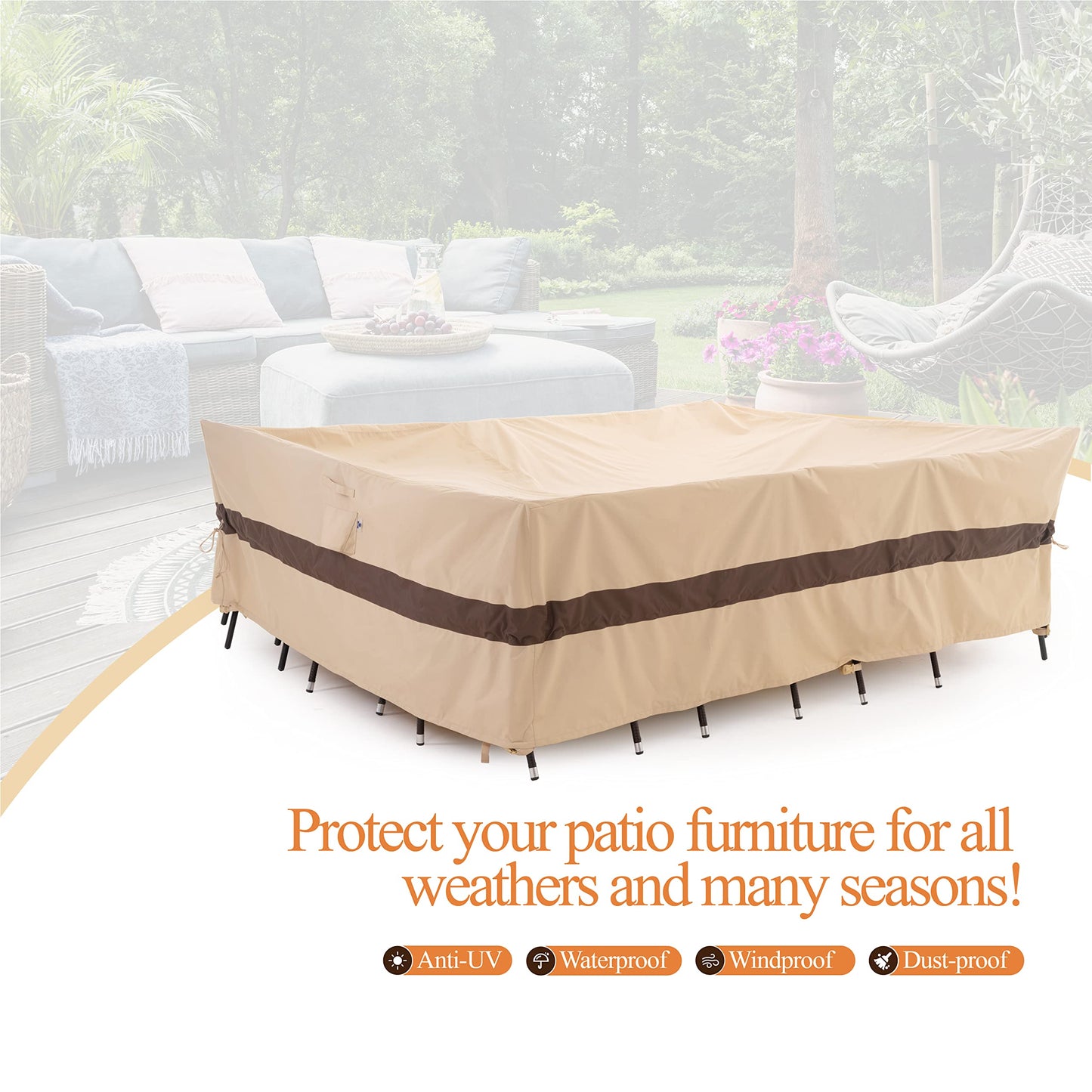 WJ-X3 180' Extra Large Patio Furniture Set Covers Waterproof, Heavy Duty Outdoor Sectional Cover, High Wind Resistant & Anti-UV, 180W x 96D x 36H Inches, Beige & Coffee