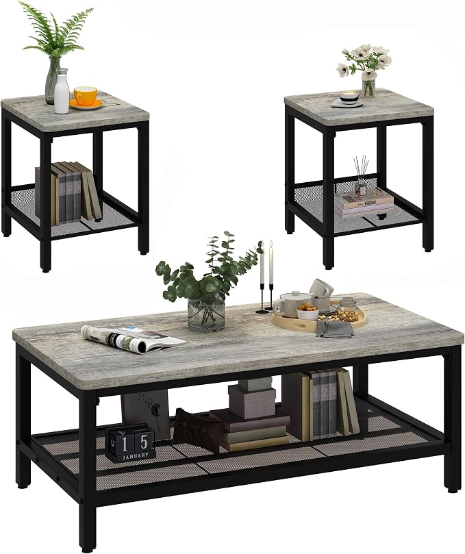 AWQM Coffee Table Set of 3, Industrial Coffee Table with 2 Square End Side Tables, Modern Living Room Table Set with Metal Frame for Apartment Home Office, Grey