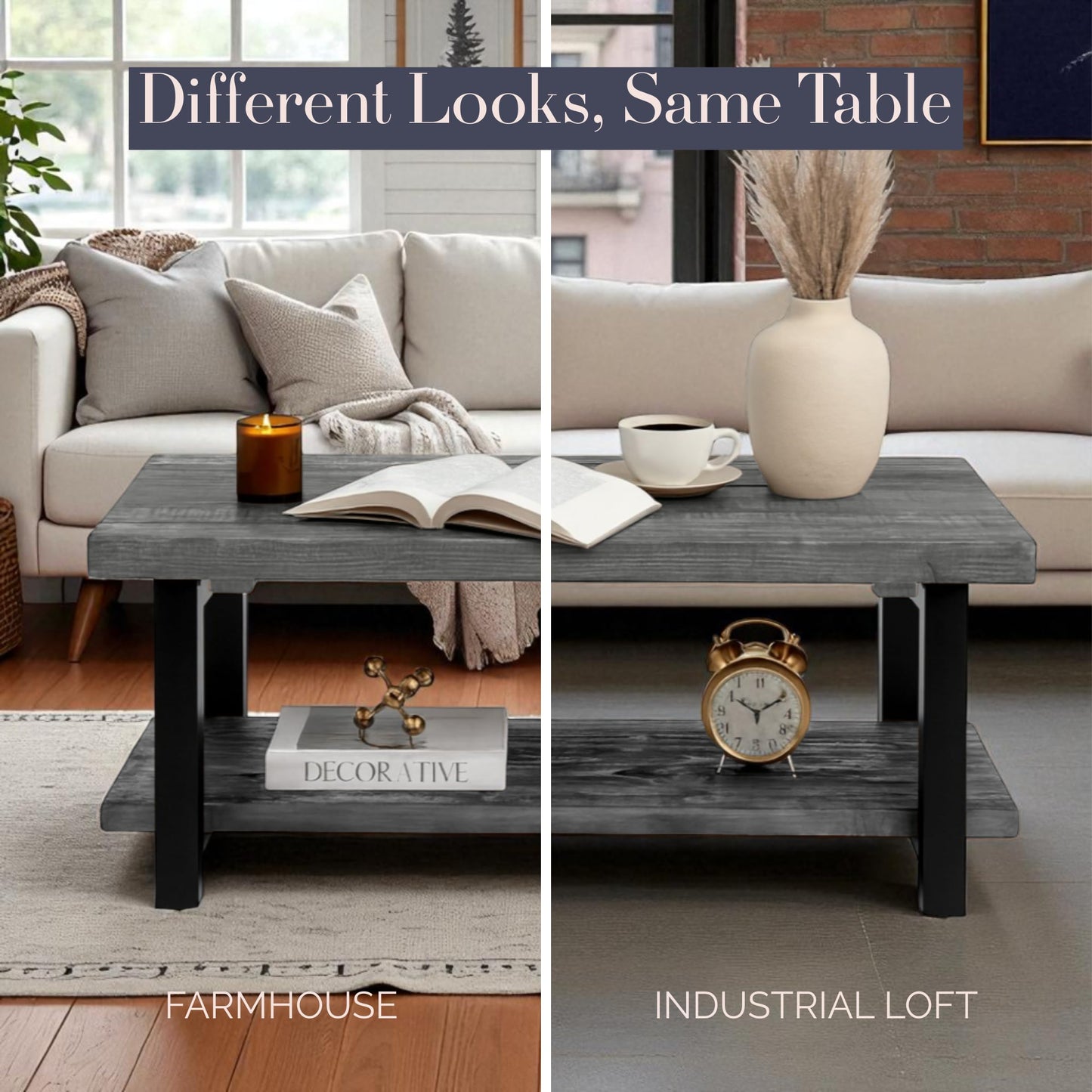 Pomona 42-Inch Rectangular Solid Wood Coffee Table with Storage Shelf & Metal Legs – Modern Rustic Industrial Living Room Table by Alaterre Furniture (Slate Grey)