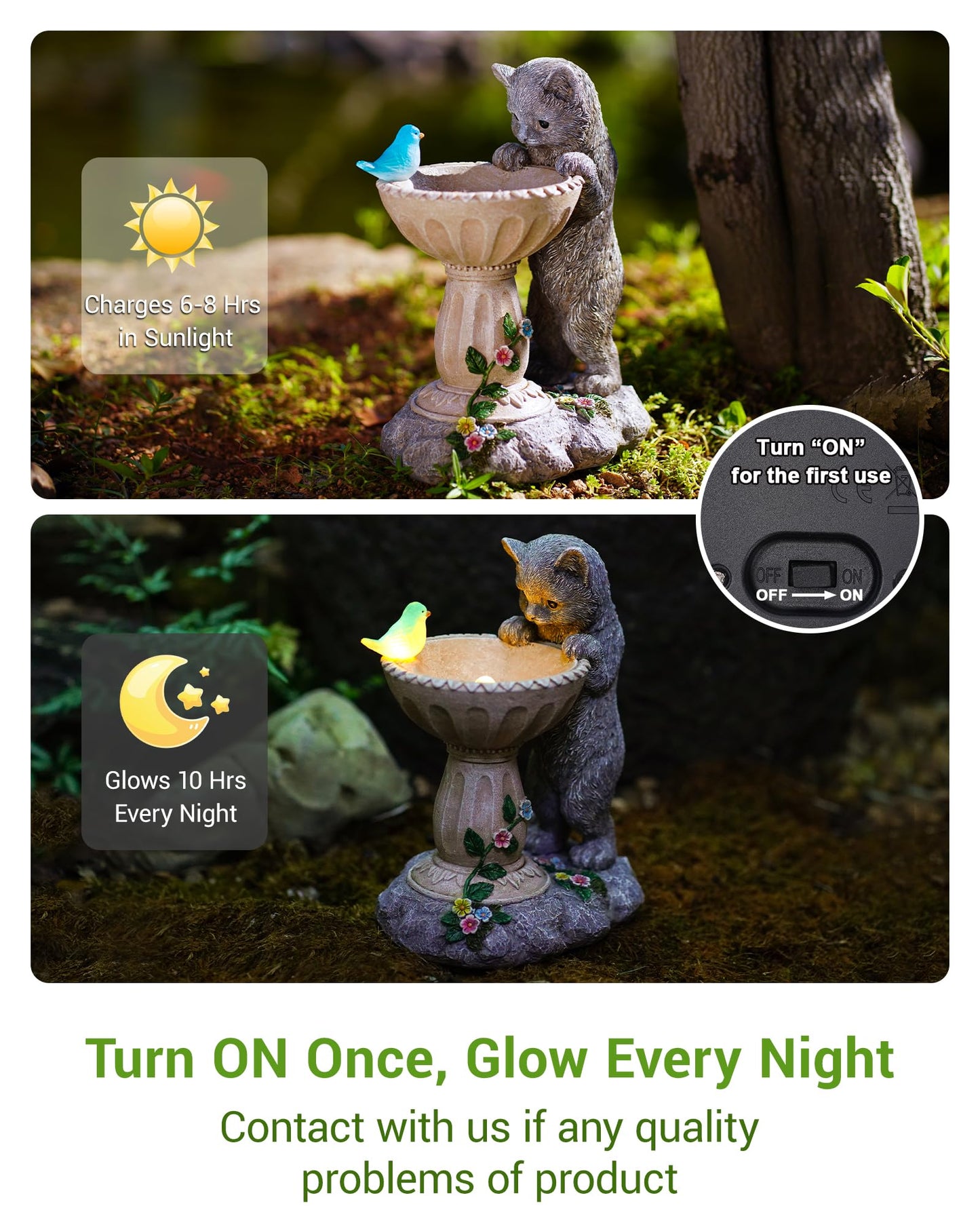 Nacome Solar Cat Statue for Garden Decor: IP44 Weatherproof Resin with Automatic Lighting - No Installation- Outdoor Yard Patio Balcony Art - Birthday Gifts for Bird Lovers Mom Grandma Women