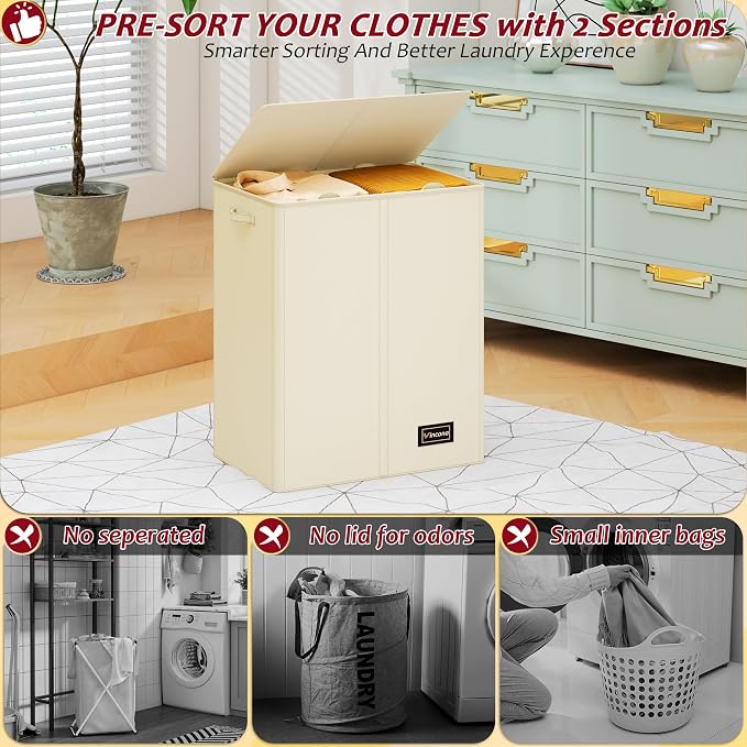 150L Laundry Hamper 2 Section, Large Laundry Hamper with Lid, Dirty Clothes Hamper with 2 Removable Inner Bags, Collapsible Laundry Basket Organizer for for Clothes Toys Towels, Hamper 2 Compartment