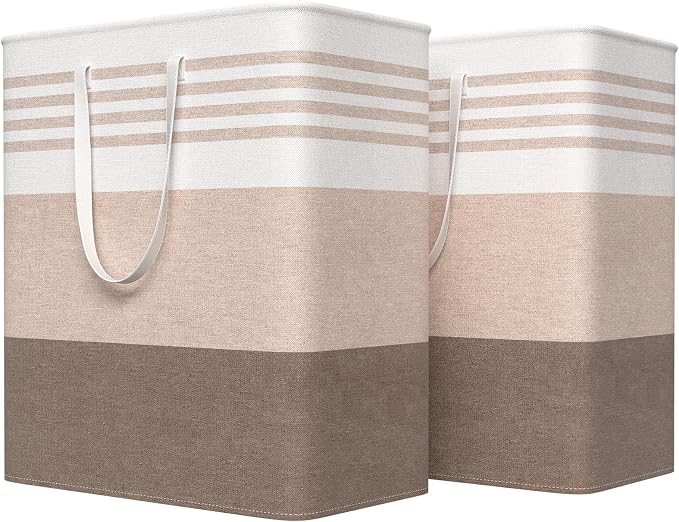 WOWBOX 2 Pack Laundry Baskets, Laundry Hampers, Freestanding Dirty Clothes Hampers with Reinforced Handles & Cross Stitch & Waterproof Coating, for Laundry Bedroom Bathroom Dorm,100L Khaki