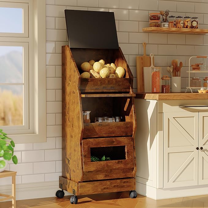 Potato and Onion Bin with Lid Movable Bread Box, Potato and Onion Storage with Wheels Black Movable, Vegetable Cabinet with 3 Tier Storage, Grocery Section Bread