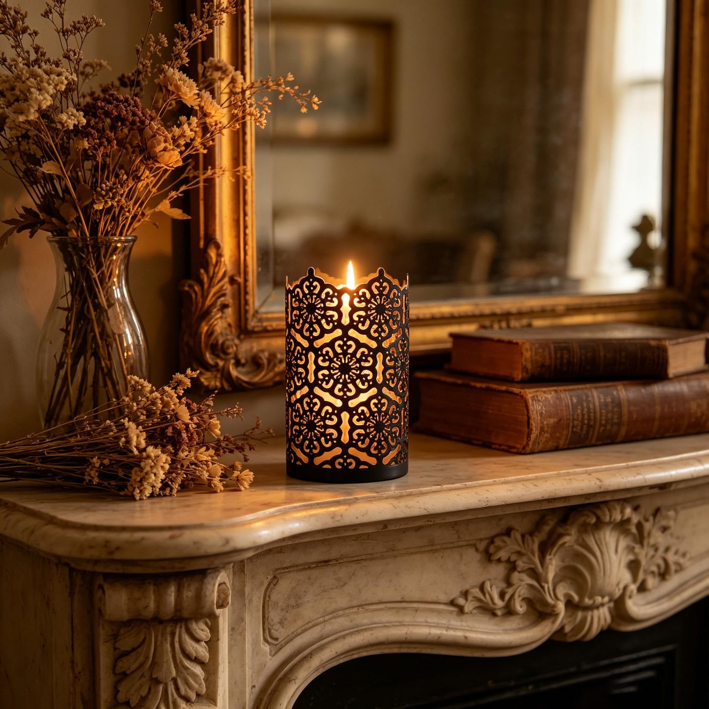 Hosley's Set of 2 Flower 7" High Cut Bronze Candle Holder & Lantern. Ideal for Use with Hosley Highly Scented Candles, Jar Candles. Can be Used as a Decorative Centerpiece in Your Living/Dining Room