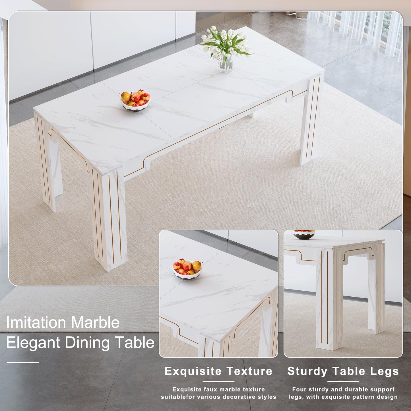 KEIKI 9-Piece Dining Table Set, 71" White Faux Marble Kitchen Table with 8 Dark Gray PU Leather Chairs, Modern Dining Room Set with Silver Metal Legs, Large Rectangular Table for Home, Restaurant