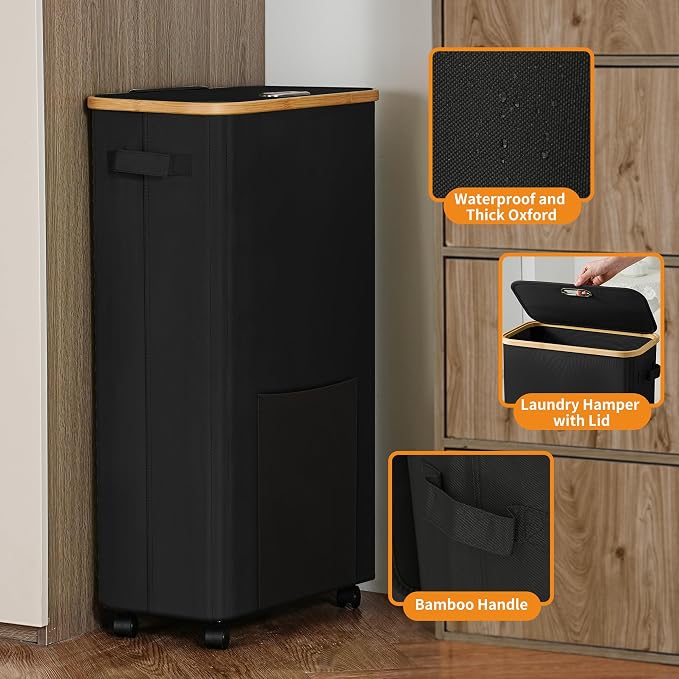 Laundry Basket with Wheels, Dirty Clothes Hamper on Wheels, Rolling Tall Laundry Hamper with lid for Laundry Room, Dorm and Bathroom, 75L Black