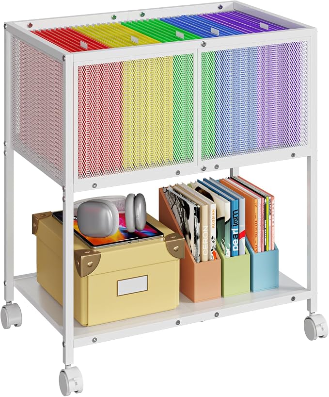 Sbanmao Rolling File Cart, Mobile File Cabinet with Wheels Hanging Files, Metal Hanging File Folder Cart File Organizer Fit Letter Size for Home Office, White