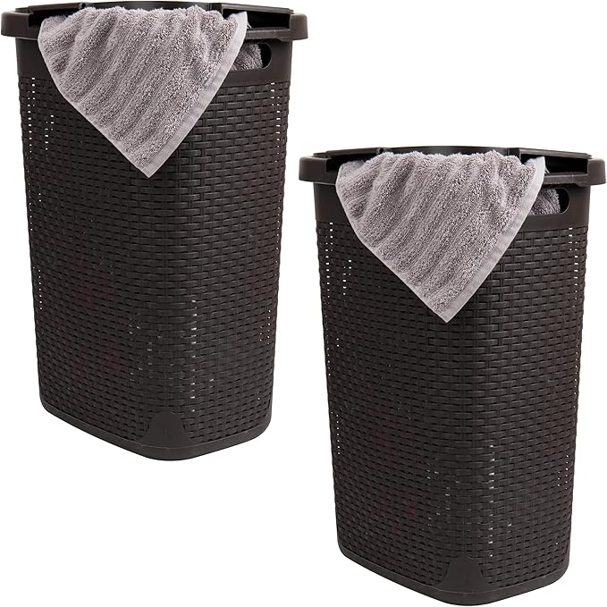 Mind Reader Slim Laundry Hamper with Lid, 60L Tall Clothes Basket, Narrow Tapered Design for Bathrooms, Closets and Laundry Rooms, Plastic, 2 Pack, Brown