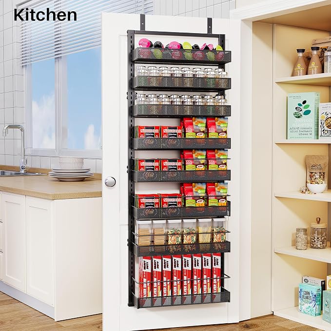SNTD 8 Tiers Over the Door Organizer - Height Adjustable Pantry Organizers and Storage with Dense Mesh Baskets, Anti-Swing Hanging Door Spice Rack for Kitchen Bathroom (Black, 17" W x 6" D x 69" H)