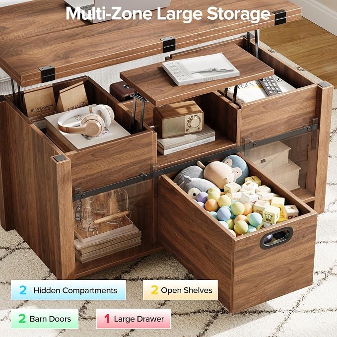 Memobarco 40" Farmhouse Lift Top Coffee Table with Sliding Barn Door,4 in 1 Multi-Function Coffee Tables with Storage Drawers & Hidden Compartment,Converts to Dining Table for Living Room,Walnut
