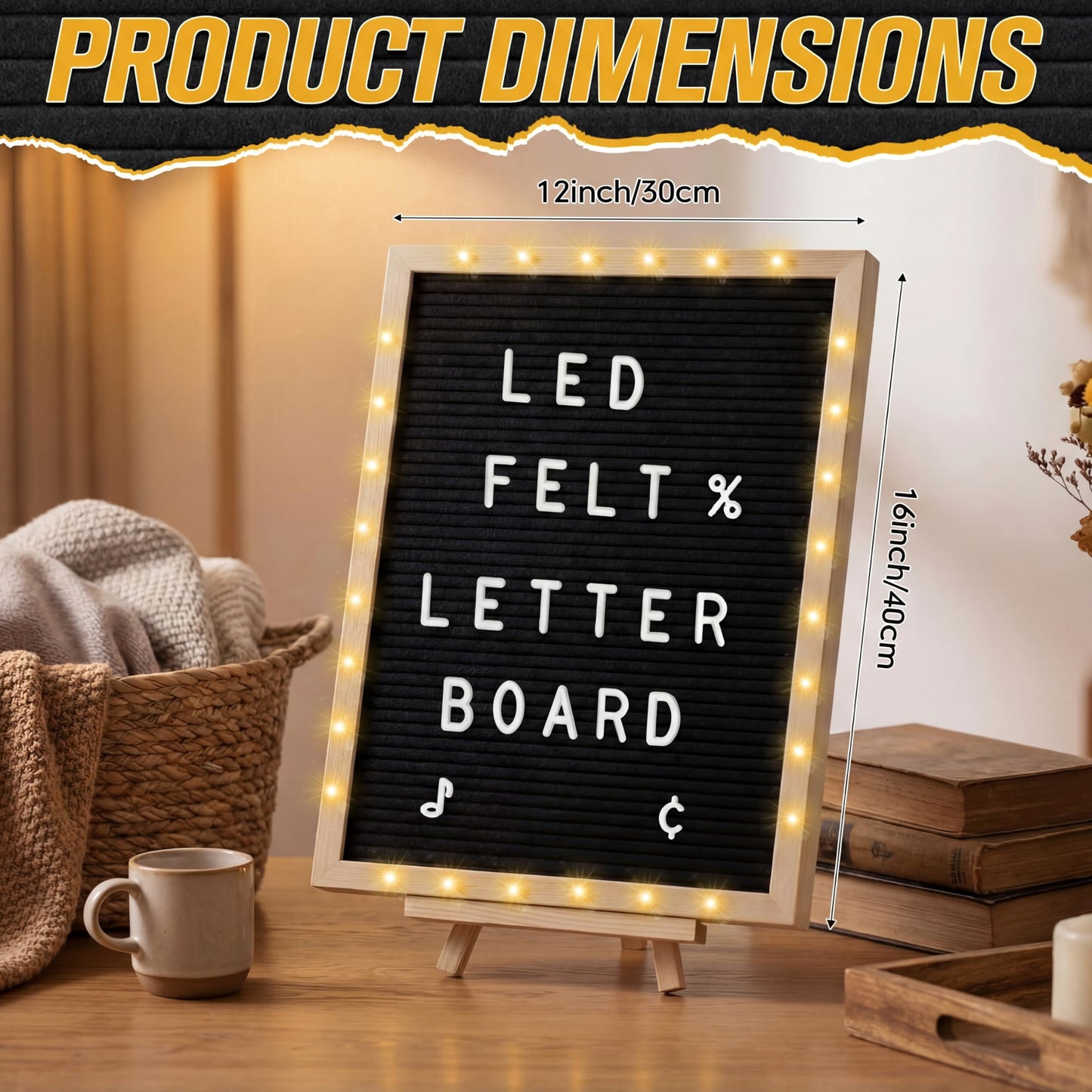 wearage 12x16 Inch Changeable Felt Letter Board with LED Lights, Message Custom Felt Letter Board with Wooden Stand and 300 Letters for Pregnancy Announcement Classroom Decor Poster (Black)
