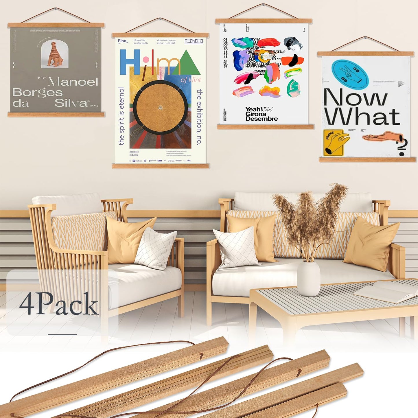 Artmag 4 Pack Magnetic Poster Hanger Frame, 8x10 8x12 8x24 Light Wood Wooden Magnet Poster Frame for Maps Canvas Artwork Pictures Poster Hangers Frames (Teak,8")