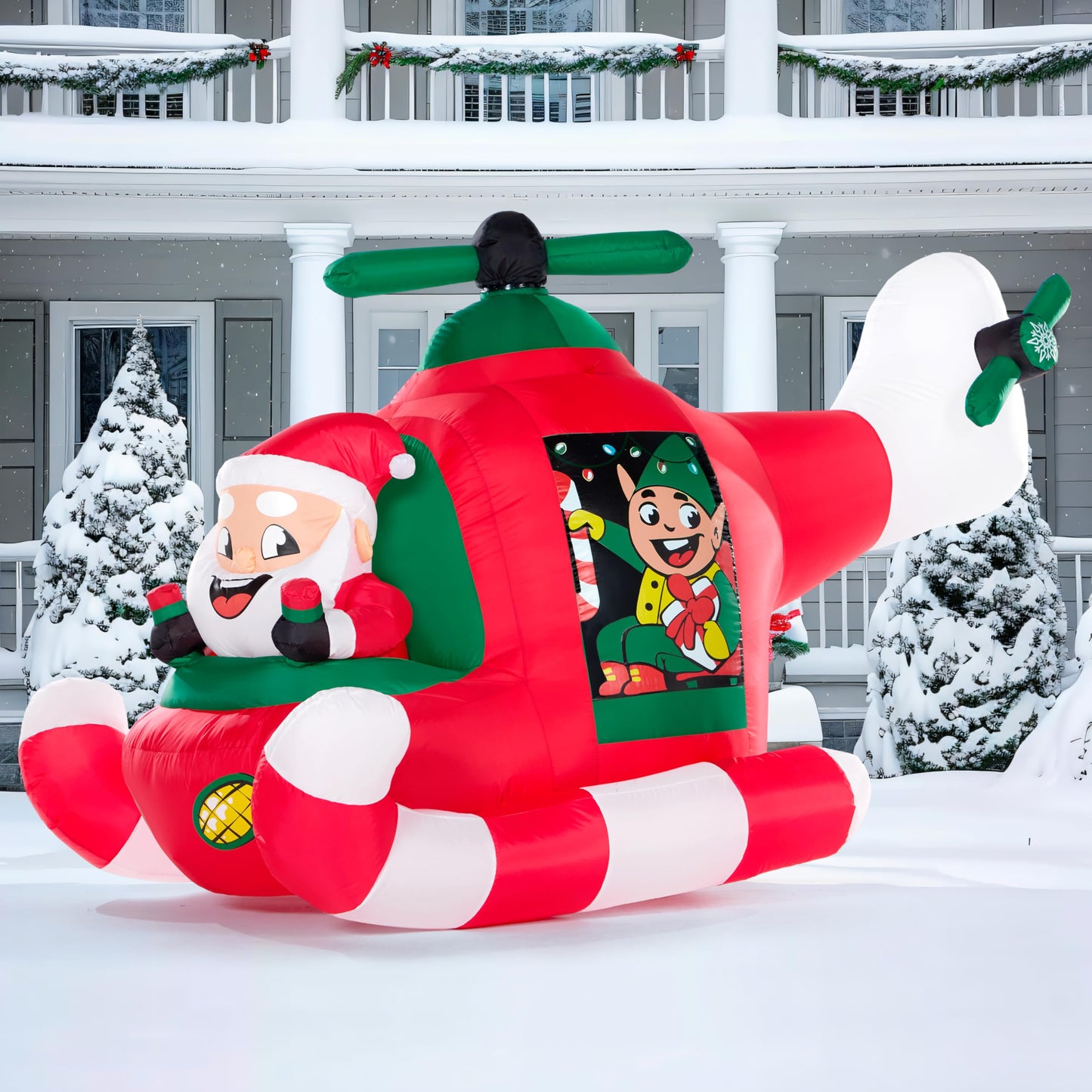 JOIEDOMI 7 FT Long Christmas Inflatable Santa Elf on Animated Helicopter, Blow Up Santa Inflatable on Flying Airplane with Rotating Propeller Yard Decor with LED for Xmas Party Garden Lawn Decor