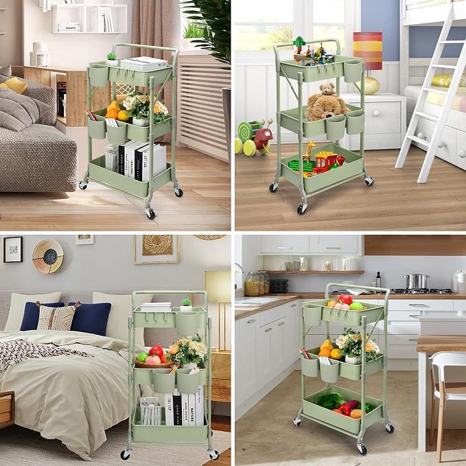 Foldable 3 Tier Rolling Cart, Metal Utility Cart, Folding Mobile Multi-Function Storage Trolley Organizer Cart for Home Library Office(Green)