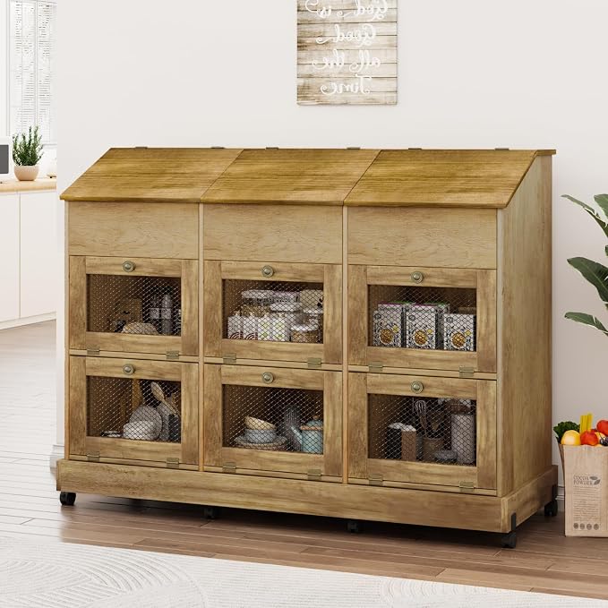 Triple Potato and Onion Storage Bin with Wheels, 3 Tier Wooden Potato Storage Cabinets with Mesh Doors, Farmhouse Movable Fruit and Vegetable Box, Wood Bread Box for Kitchen (Triple Brown)