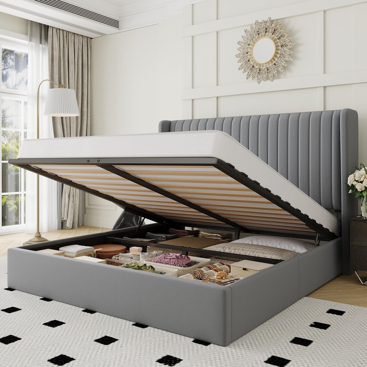 Allewie Queen Size Lift Up Storage Bed Frame, Hydraulic Support System, Upholstered Platform Bed Frame, Underneath Storage, Vertical Channel Tufted Headboard with Wingback, No Box Spring Needed, Grey
