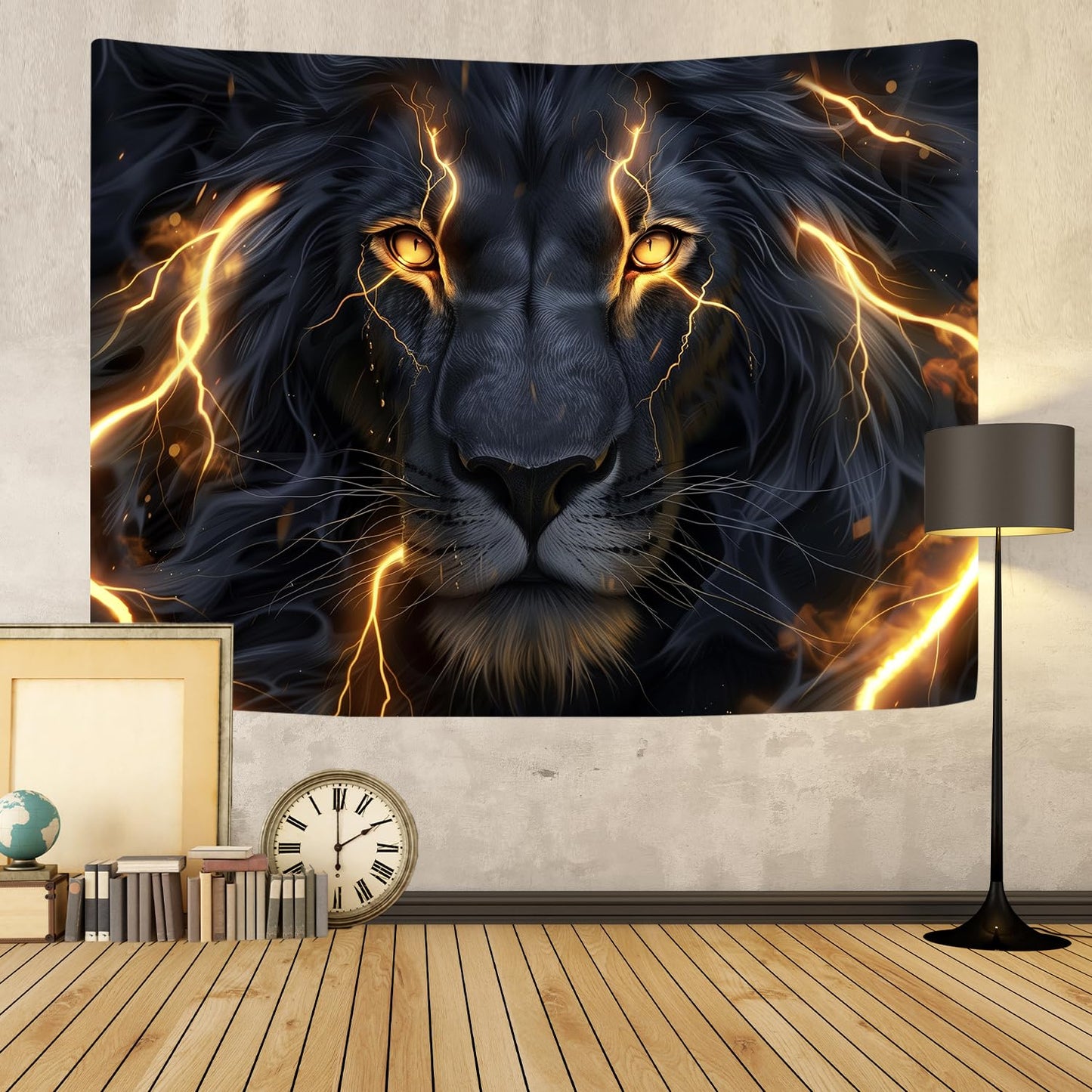 Sokdcam Cool Lion Tapestry Wall Hanging, Black and Gold African Lion Wild Animal Men Hippie Art Decor Tapestries, Wall Tapestries for living Room Bedroom Home Dormitory Decoration 60X40 Inch