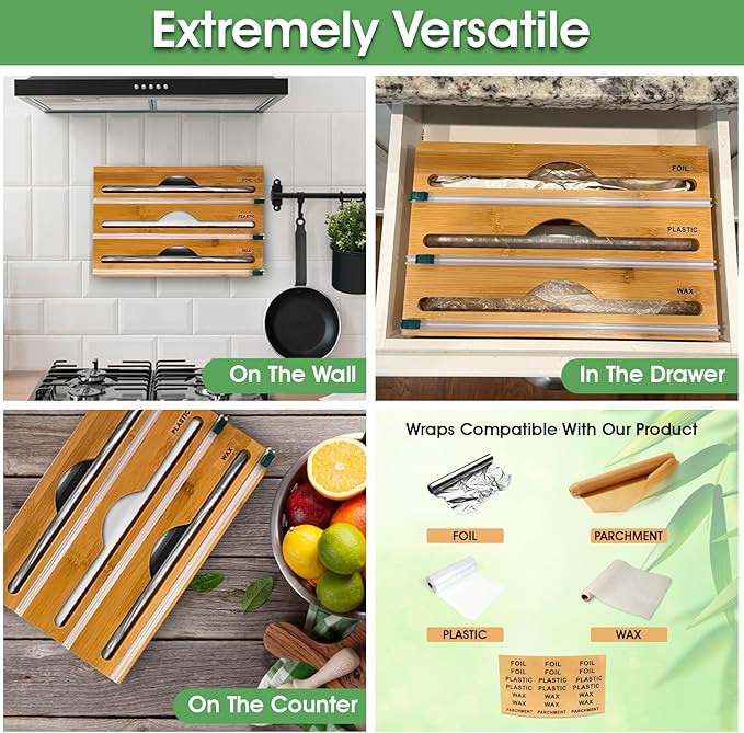 3-in-1 Bamboo Wrap Organizer with Cutters, Labels, Interior Holders, Anti-Slip Pads - Kitchen Drawer, Pantry, Storage for Plastic Wrap, Aluminum Foil, Wax Paper, Kitchen Storage, 12" Roll Holder