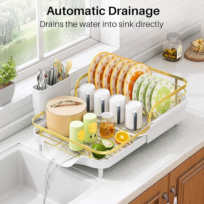 SAYZH Dish Drying Rack - Expandable Dish Rack for Kitchen Counter, Rust-Resistant Dish Drainer with Utensil Holder and Raised Guardrail, Kitchen Organizer for Cup and Bottle (Gold)
