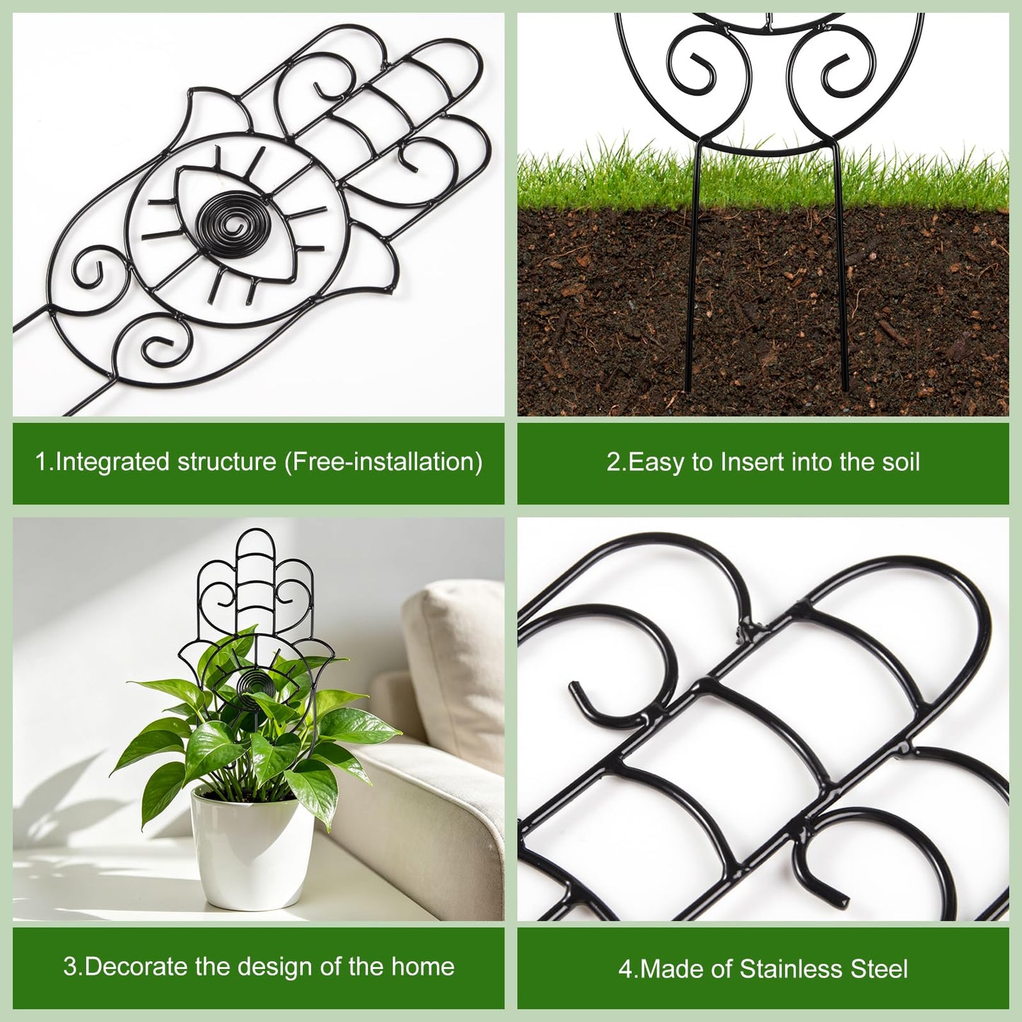 2 Pack Decorative Plant Trellis, 15 Inch Hand Style Metal Plant Support Stakes, Metal Decorative Curved Art Plant Trellis for Indoor Potted Climbing Plants Vines Flower Houseplant Garden Decor