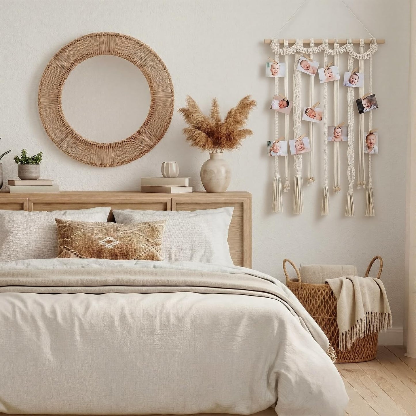 Lewtemi Macrame Hanging Photo Display Wall Decor with 30 Clips Boho Tassel Photo Wall Hanging Holder Art Decor for Frame Manager Picture Greeting Cards Collage Bedroom Home Dormitory Living Room
