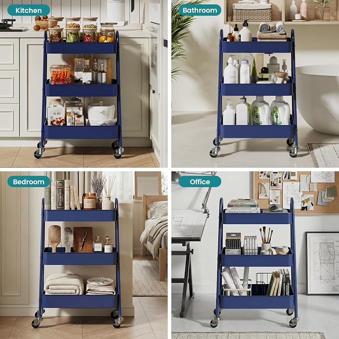 OLIXIS Metal 3 Tiers Utility Rolling Cart, Mobile Storage Shelf with Lockable Caster Wheels, Organization for Livingroom, Bathroom & Narrow Places, Blue