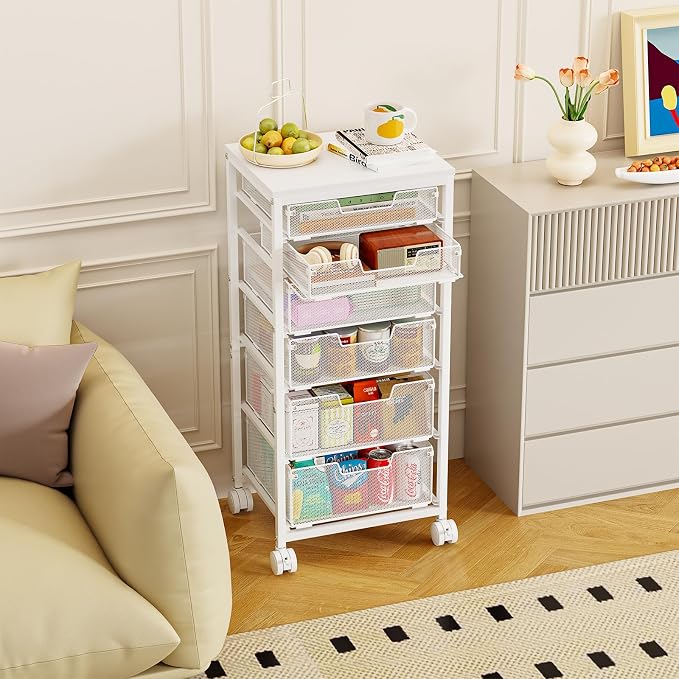 Sbanmao 6 Drawers Rolling Utility Cart, Rolling Storage Cart with Wooden Tabletop, Storage Drawer Cart on Lockable Wheels, Craft Cart for Bedroom, Classroom, Office, White