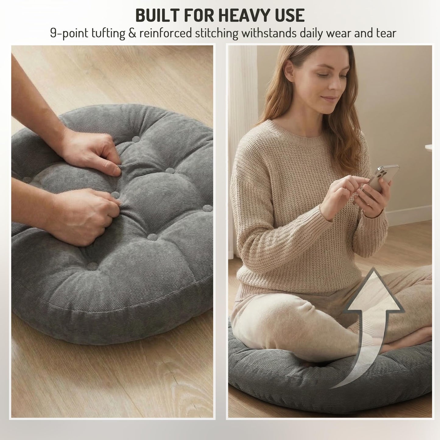 Degrees of Comfort Meditation Floor Pillow, Round Large Pillows Seating for Adults, Tufted Corduroy Cushion for Tatami Living Room, Grey, 22 Inch