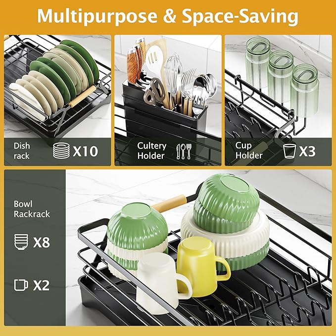 Epicano Dish Drying Rack for Kitchen Counter,Black,Large Capacity | Raised Feet,Rustproof,Wooden Handle,Auto-Drainage System,Cup Holder & Knife Slots, Sink Storage Organizer