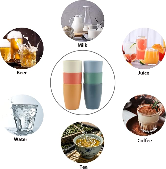 6PCS Wheat Straw Cups, OHOLA Unbreakable Reusable Plastic Drinking Glasses Cups Tumblers (12OZ, 6 Colors)