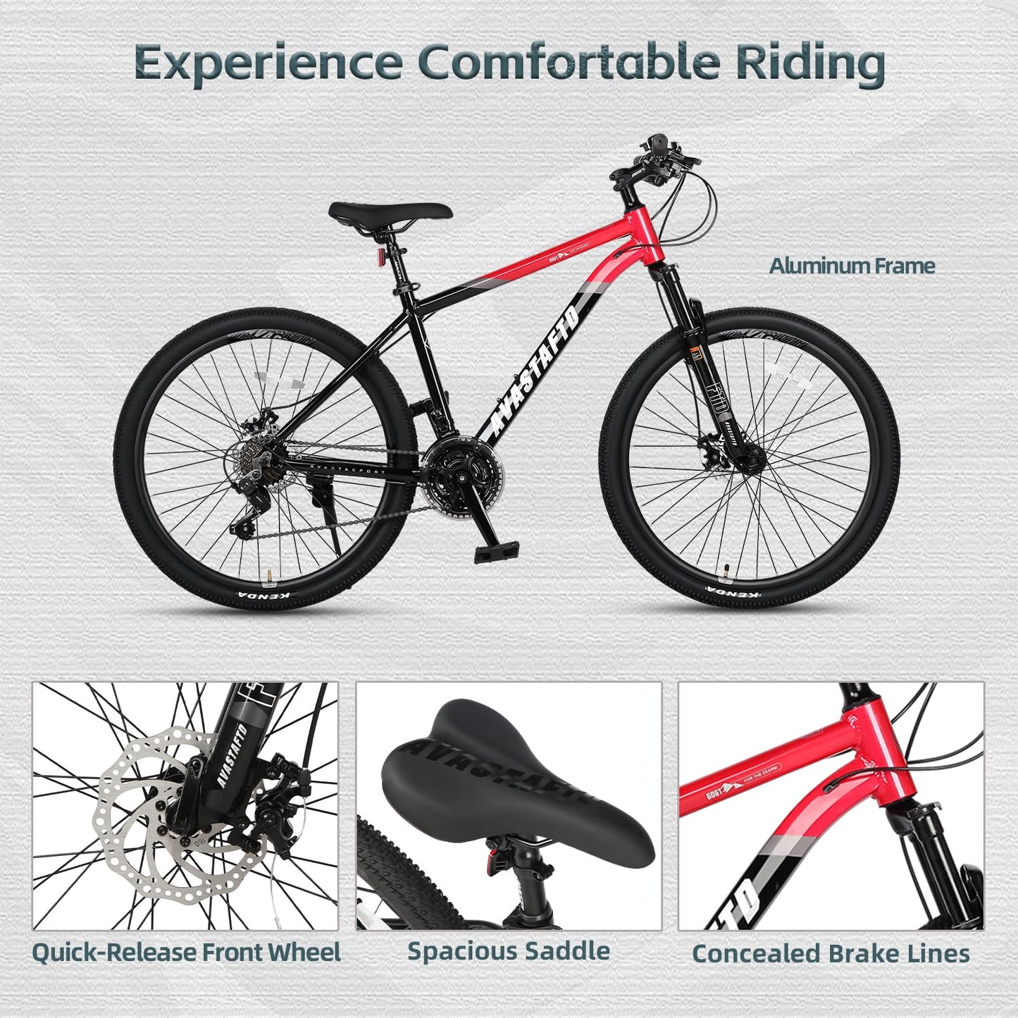 AVASTA 27.5-inch Mountain Bike for Man Male and Woman Female Adult with Lightweight Aluminum Alloy Frame and Dual Disc Brakes,Front Suspension,21-Speed Gear Shifters,Hidden Brake Cables,Red