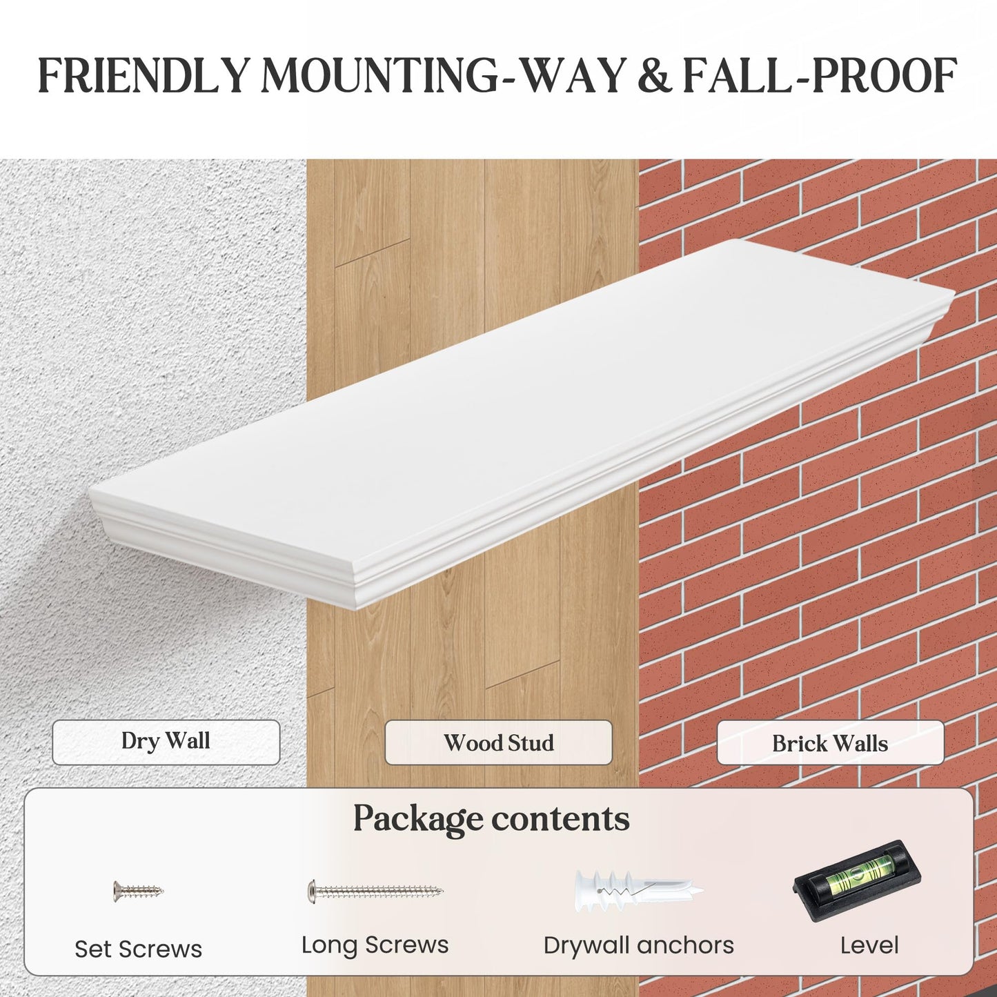 Fun Memories Floating Shelves 24 Inch Long, 9.3 Inch Deep Classic Crown Molding Floating Shelves for Wall, Rustic Wooden Shelves for Wall Decor Bathroom, Kitchen, Office, (White, 2Pack)