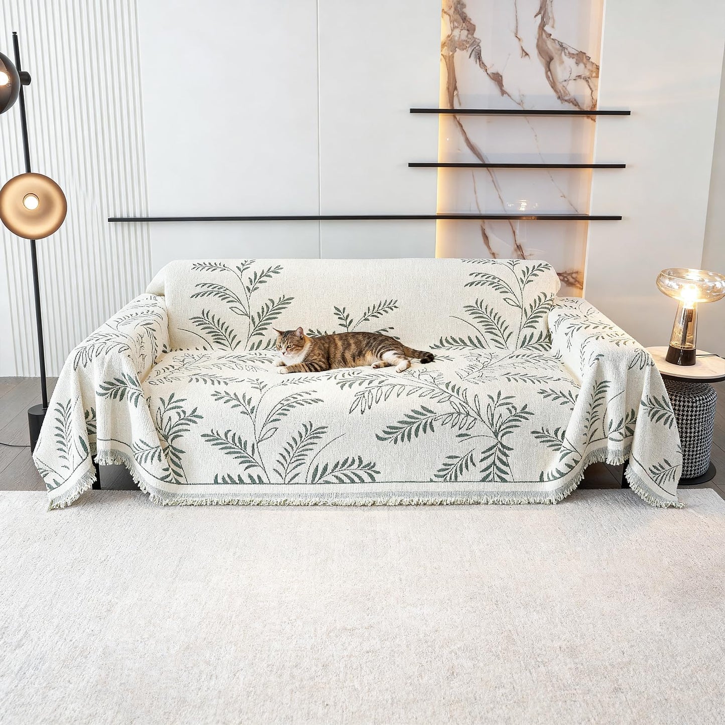 VOGOL Anti-Scratch Chenille Couch Cover, Sage Green Leaf Pattern Sofa Protector, 70x134 Durable Woven Throw for 3 Cushion Couch, Modern Living Room Decor, 1 Pack