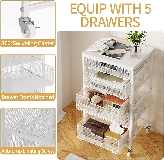 Sbanmao Utility Cart with 5 Drawers, Rolling Storage Cart with Wooden Tabletop and Lockable Wheels, Storage Drawer Cart with Drawers, Craft Cart for Bedroom, Classroom, Home, Office, White