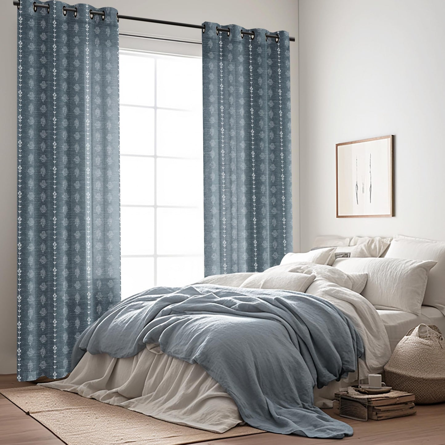 Denim Blue Modern Farmhouse Curtains, Vintage Dusty Blue Grey Chambray Linen Scandinavian Global Inspired Tie Dye Ikat Look Curtains for Living Room Bedroom