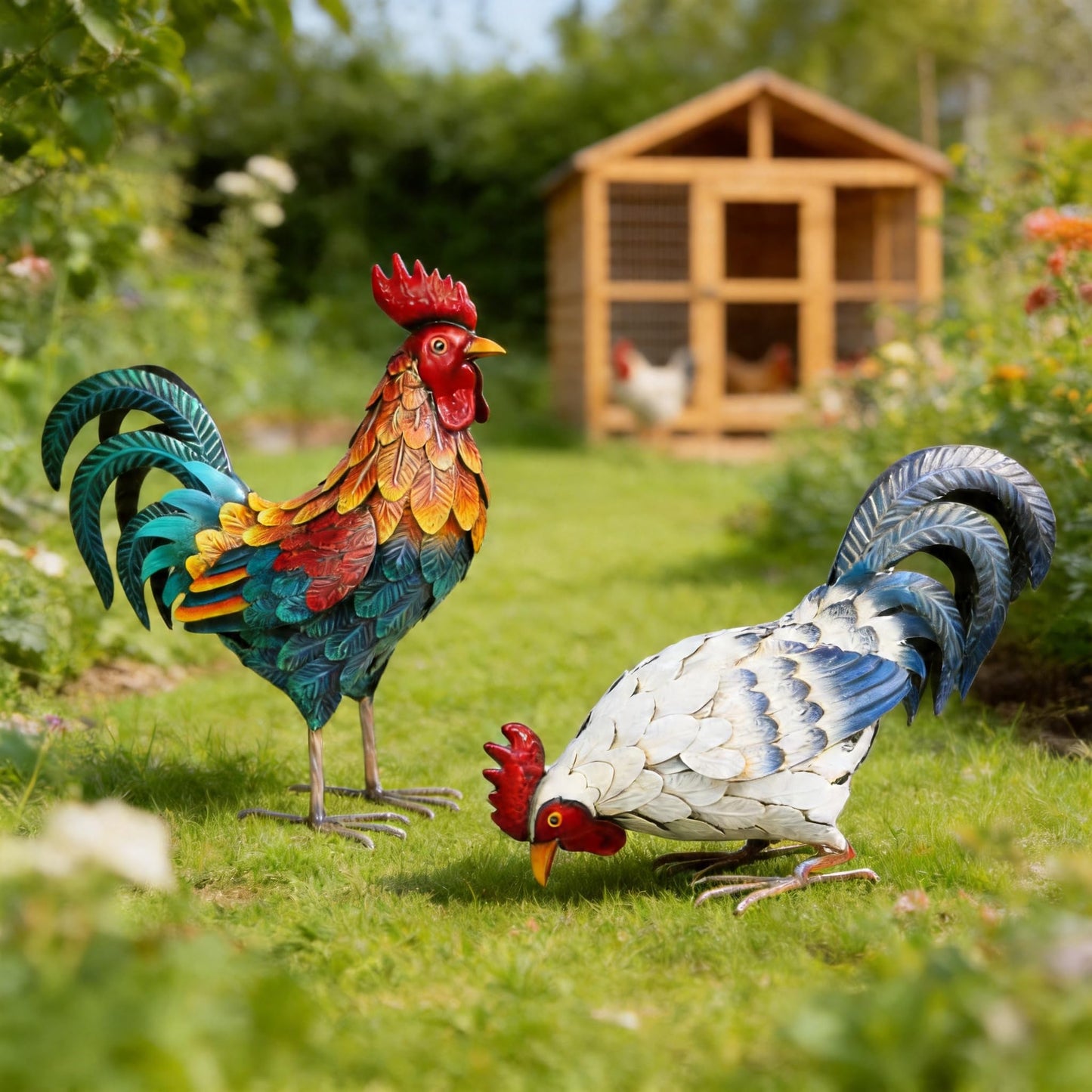 Shorayn Metal Rooster Statues, Outdoor Garden Metal Chicken Decor, Garden Sculptures Chicken Ornaments Yard Art for Backyard Patio Lawn Decorations, Set of 2