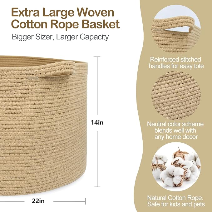 MEGASKET Extra Large Storage Basket, 22" X 22" X 14" Stuffed Animal Basket for Living Room Kids Room, Soft Cotton Rope Bin With Handle, Throw Blanket Storage, Stuffed Animal Toy Organizer Box