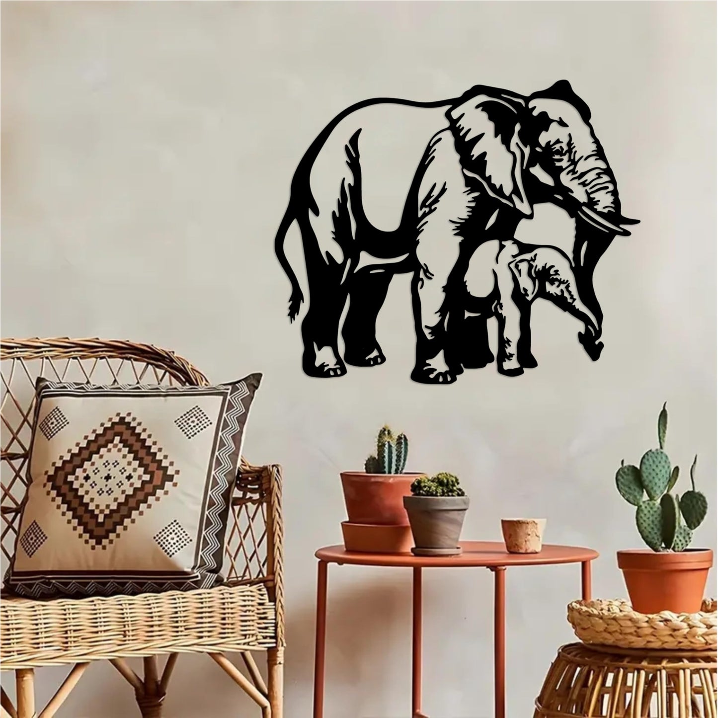 DUOOLN Metal Elephant Wall Decor Art, African Safari Mother-and-Calf Elephant Mural, Modern Animal-Themed Sculpture Painting, for Living Room, Bedroom, Office, Indoor/Outdoor Decor or Gifts-13.7*11.4in