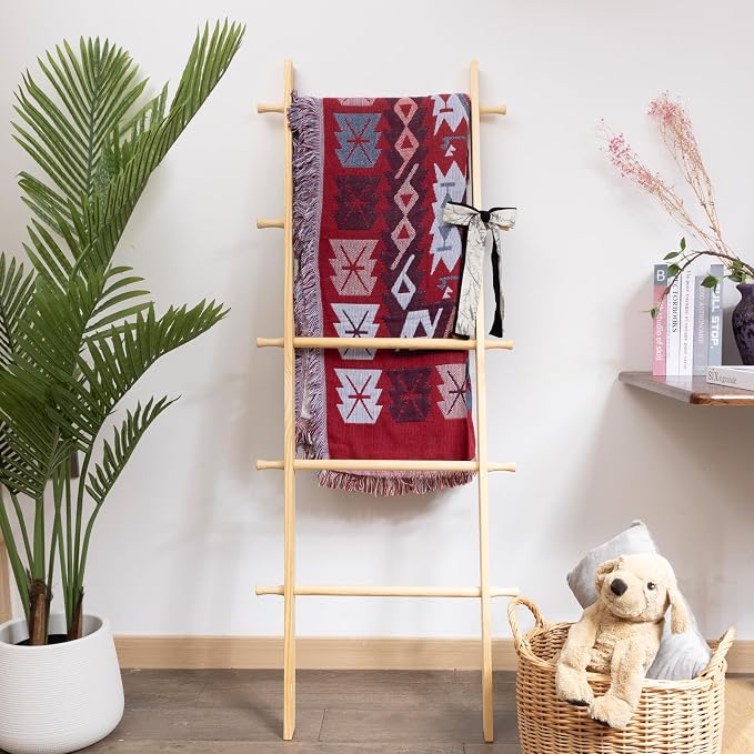 5-Tier Blanket Ladder – 4.8 Ft Wall Leaning Quilt Rack, Farmhouse Blanket Storage for Living Room, Bedroom & Bathroom – Rustic Decorative Wooden Towel & Quilt Holder, Easy to Assemble
