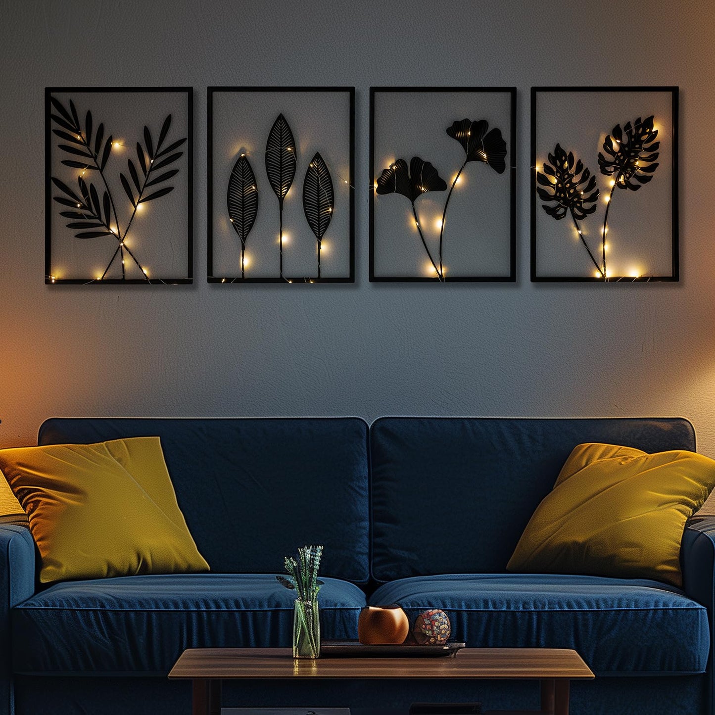 QXSXKJ Black Metal Wall Decor Framed, 3d Modern Metal Wall Art with Light, Minimalist Abstract Black Line Art DéCor, 4 Piece Home Art for Living Room Bedroom Bathroom