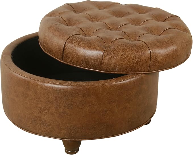 Homepop Home Decor | Button Tufted Faux Leather Round Storage Ottoman | Ottoman with Storage for Living Room & Bedroom (Brown)