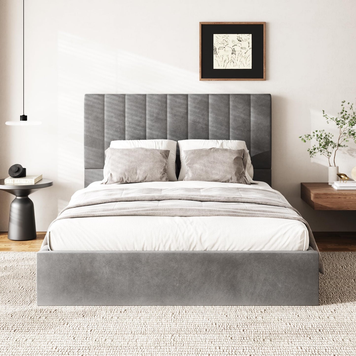 Sismplly Queen Size Cloud Bed Frame with 47" Tall Headboard, Velvet Upholstered Platform Bed with Thickened Sides & Footboard, No Box Spring Needed, Easy Assembly, Dark Gray