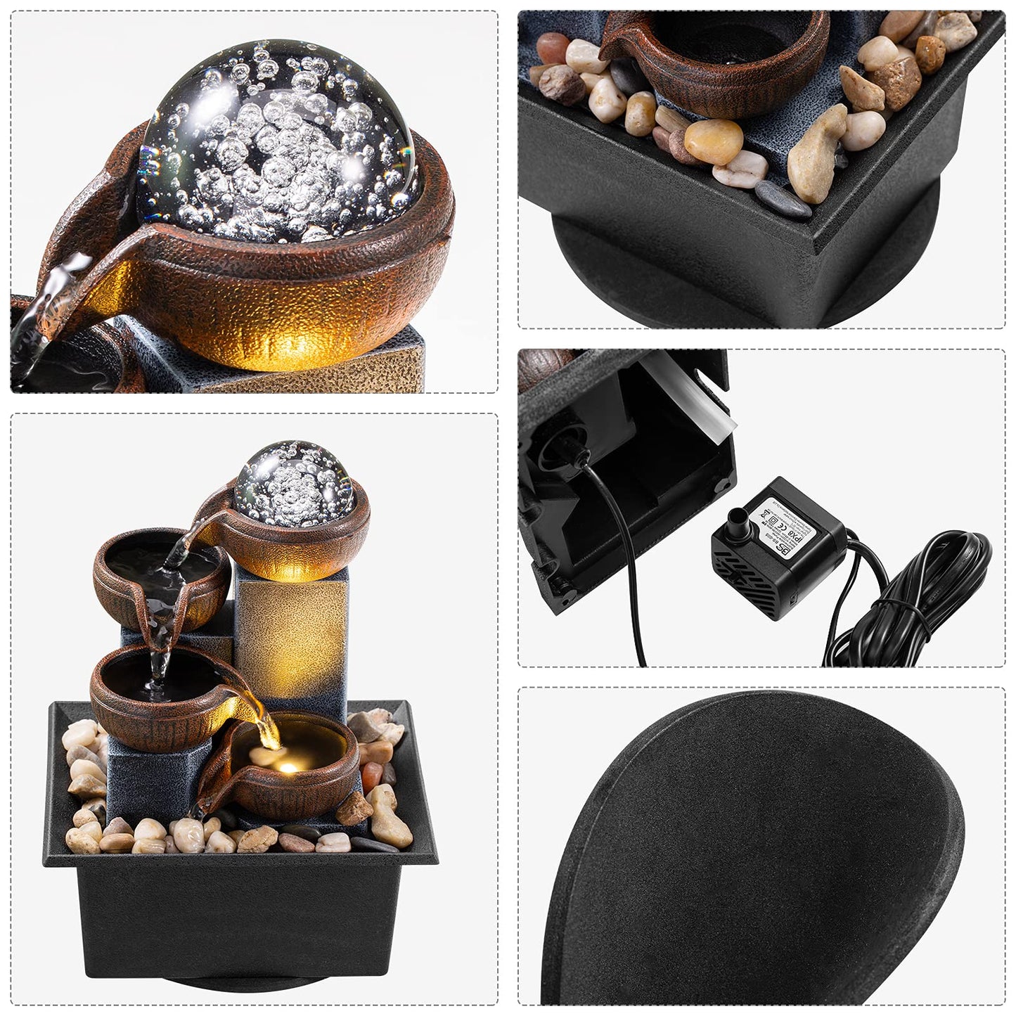 Tabletop Fountain 4 Level Tabletop Waterfall Indoor Meditation Fountain Office Home Relax Desktop Waterfall Includes Many Natural River Rocks LED Lights Bubble Ball Great Choice as Festival Gifts